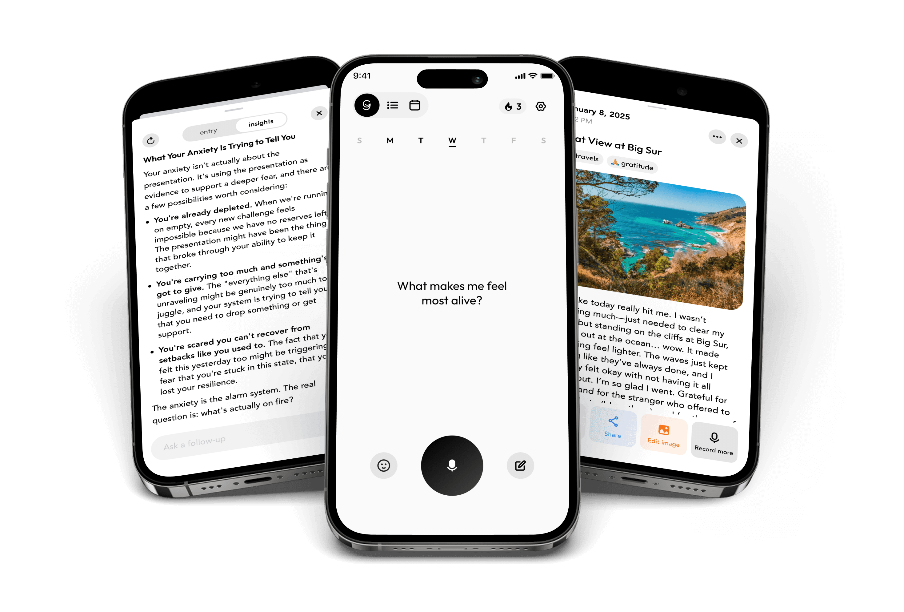 Glimpse insights, voice recording, and journal entry screens