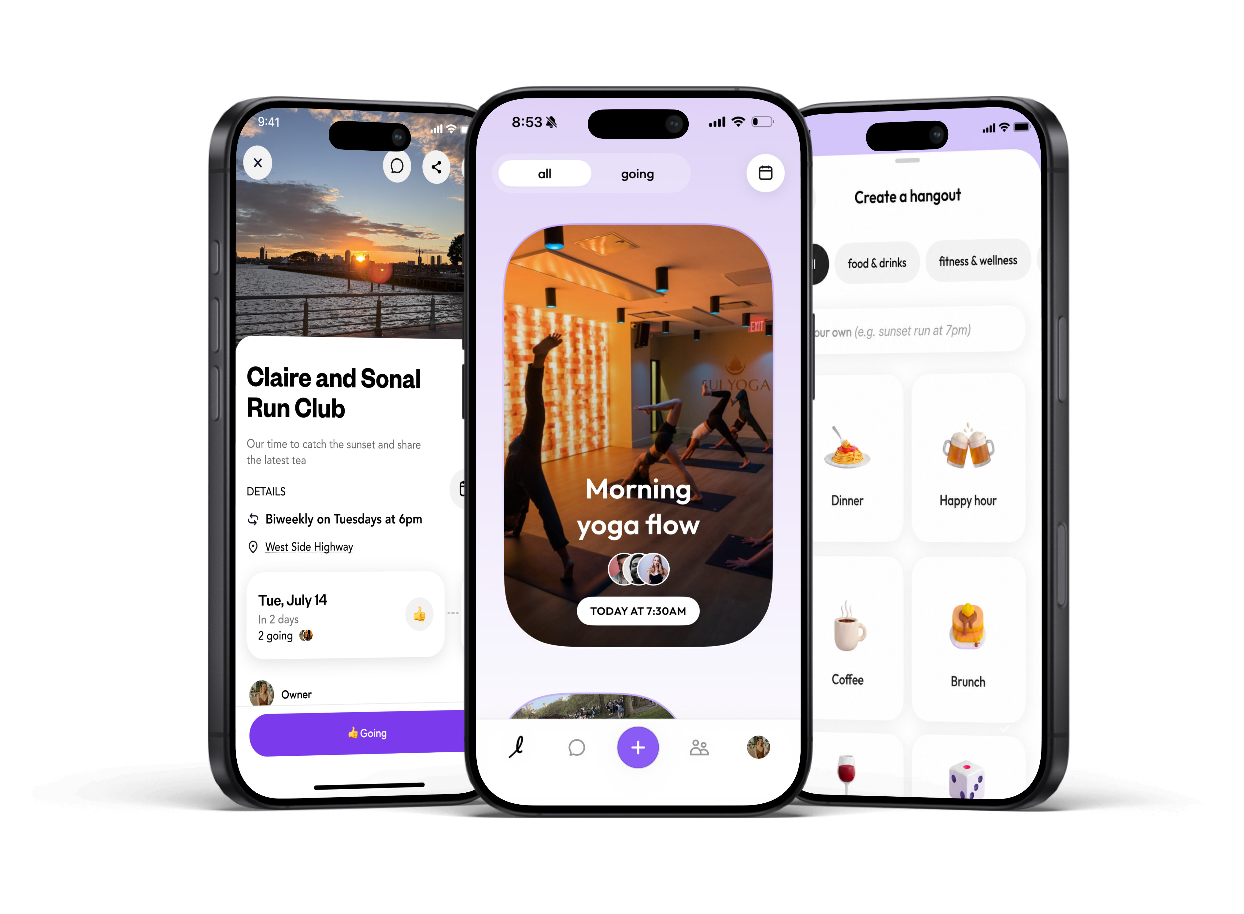 Looped hangout detail, feed, and create-a-hangout screens